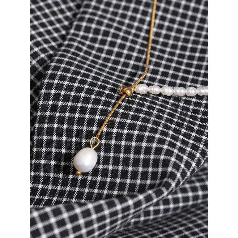 Dainty minimalist freshwater pearl drop necklace with half metallic chain and half pearl chain
