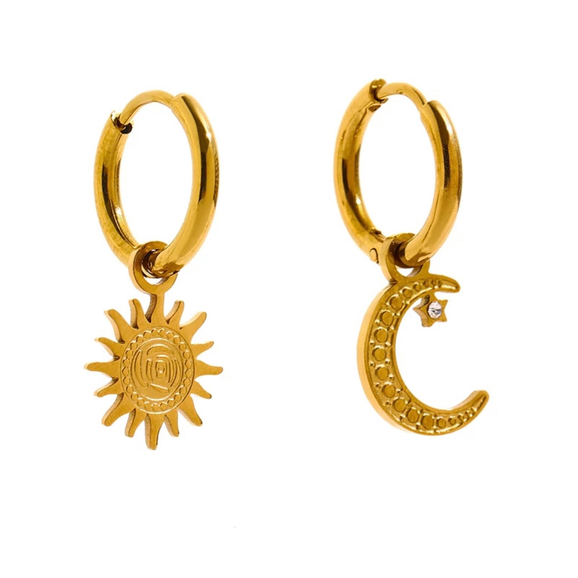 Minimalist Asymmetrical Sun and Moon Huggie Hoop Earrings