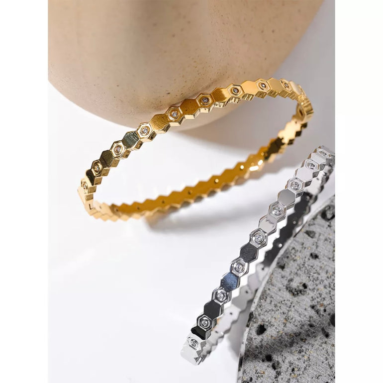 18k Gold Sterling Silver Minimalist Hexagonal Bangle Bracelet with CZ Stones - Elegant and Timeless Jewelry Piec