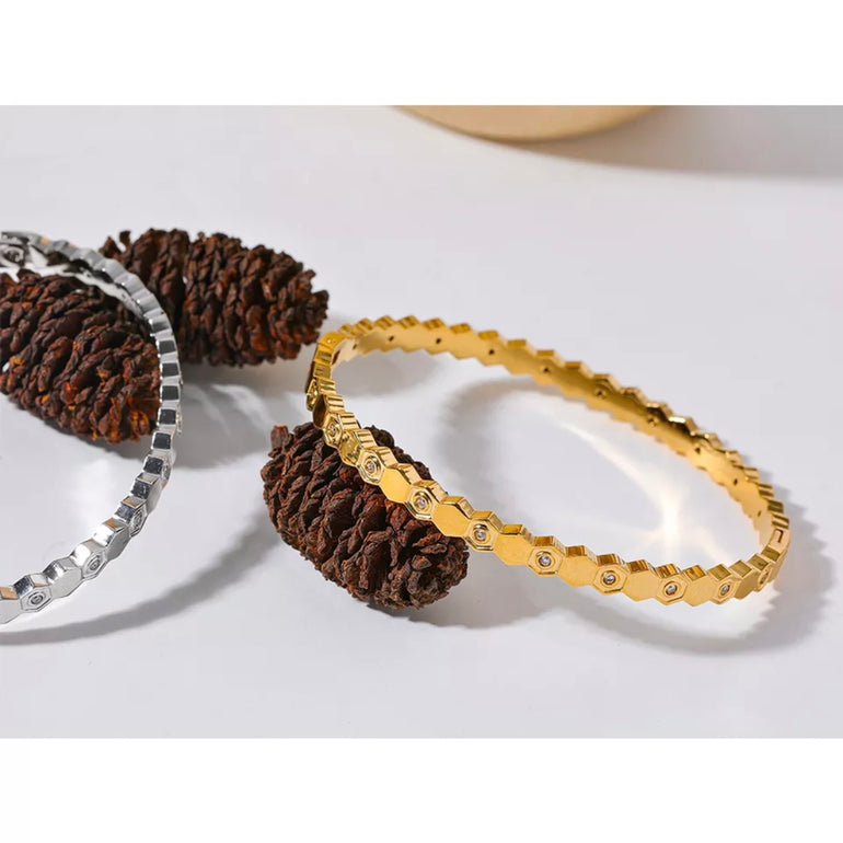 18k Gold Sterling Silver Minimalist Hexagonal Bangle Bracelet with CZ Stones - Elegant and Timeless Jewelry Piec