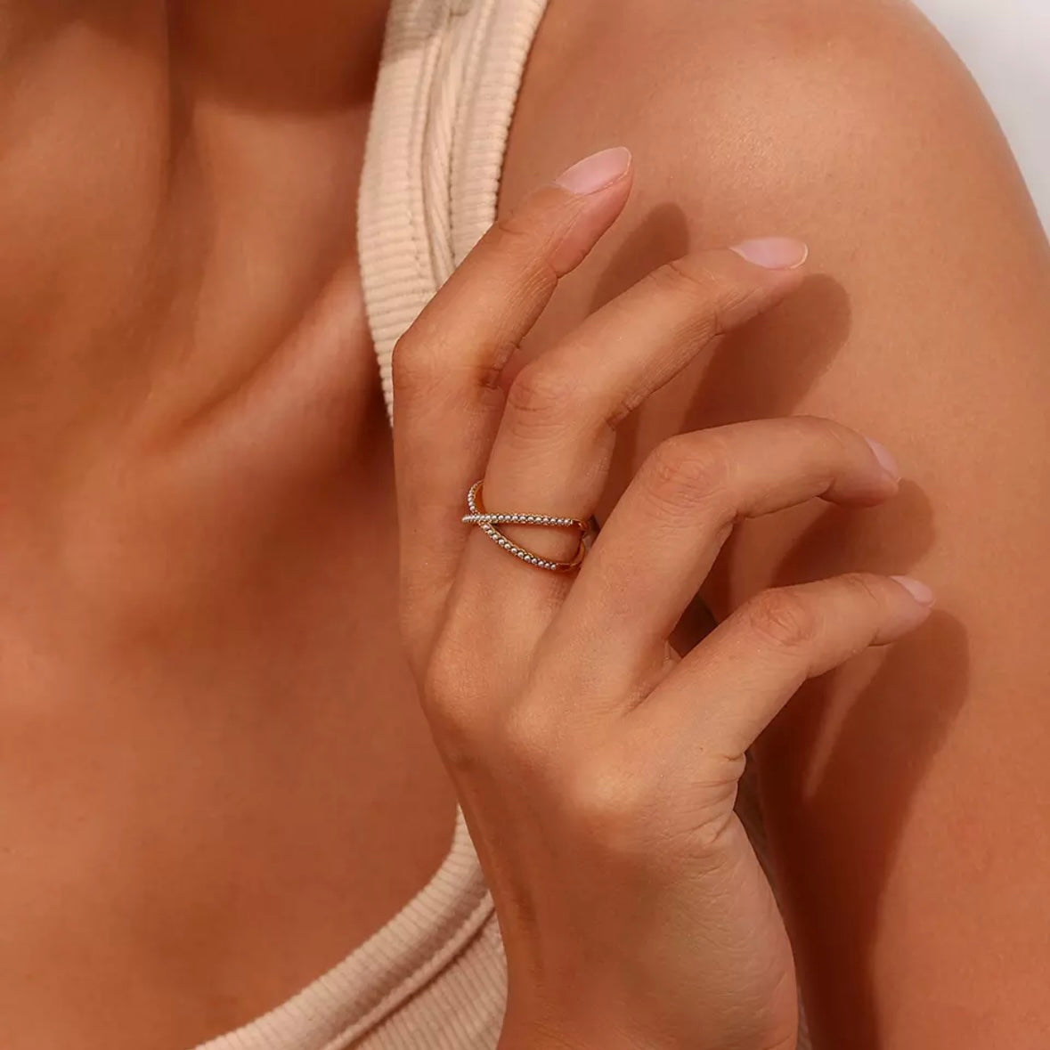 Dainty Pearl X-Shape Ring Band: Waterproof and Elegant Jewelry for Any Occasion