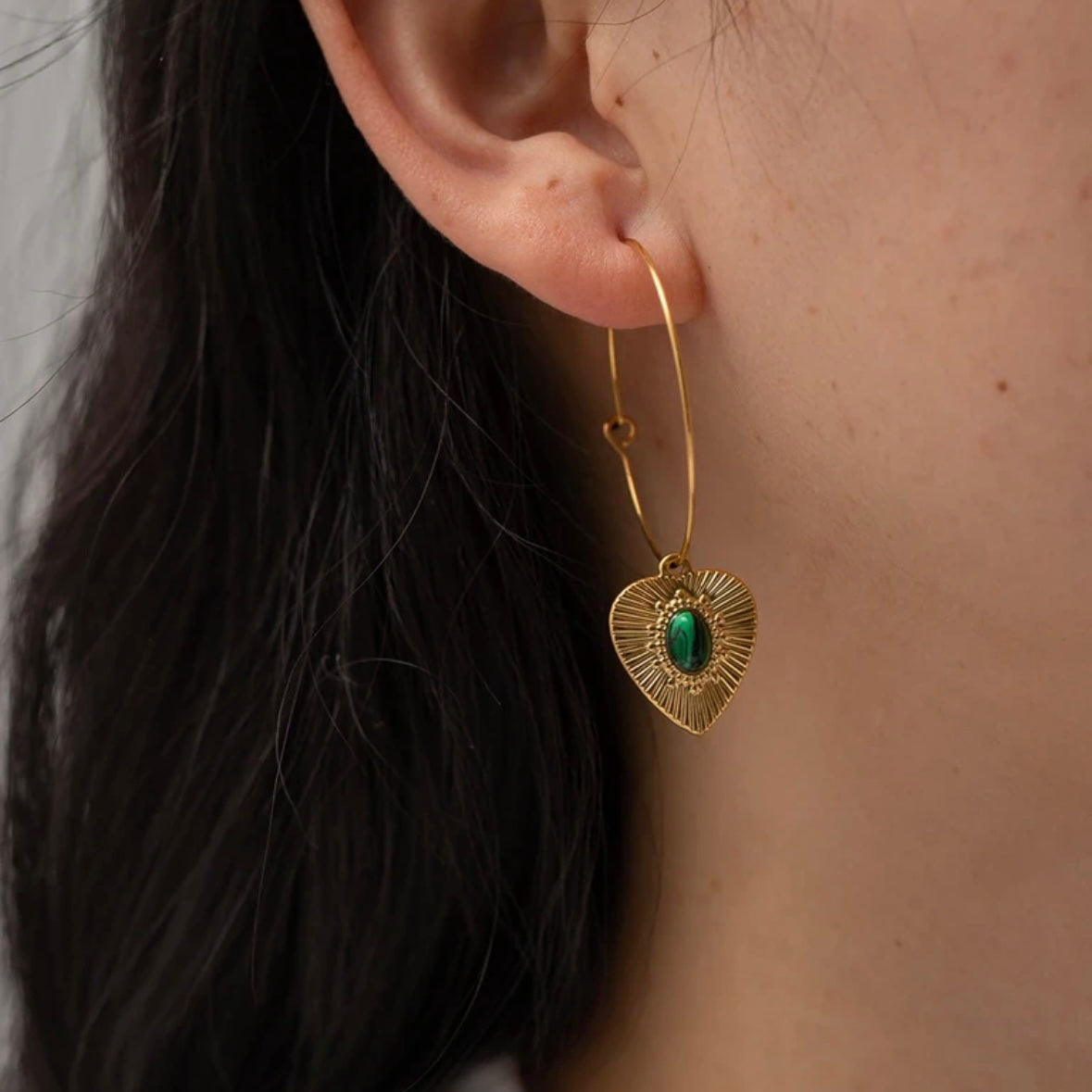 green emerald heart hoop earrings, Sydney Australia 