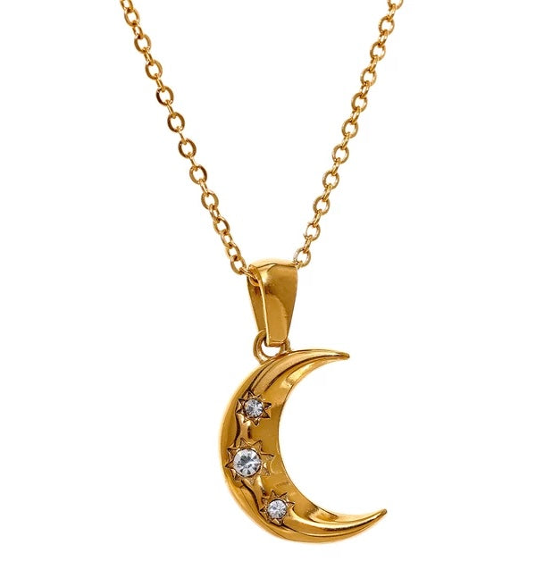 18K solid gold crescent moon pendant and charm necklace for women. The simple necklace has 3 diamonds and real gold that is tarnish free, waterproof and sweat proof jewelry. 