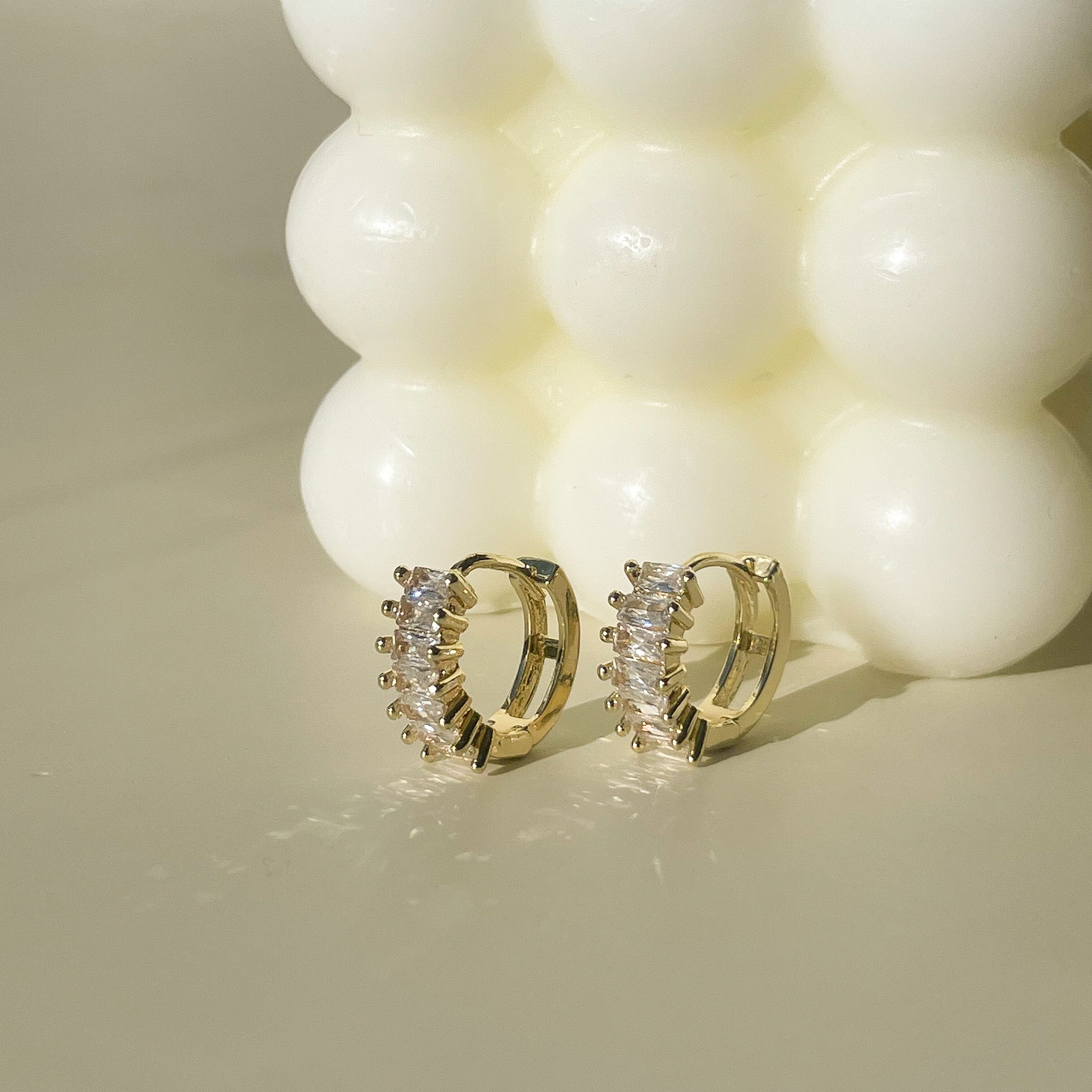 Small gold hoop earrings with diamond and cubic zirconia. These small and tiny huggie hoops are made from high quality sterling silver and 18k gold filled. Small white gold hoops real gold