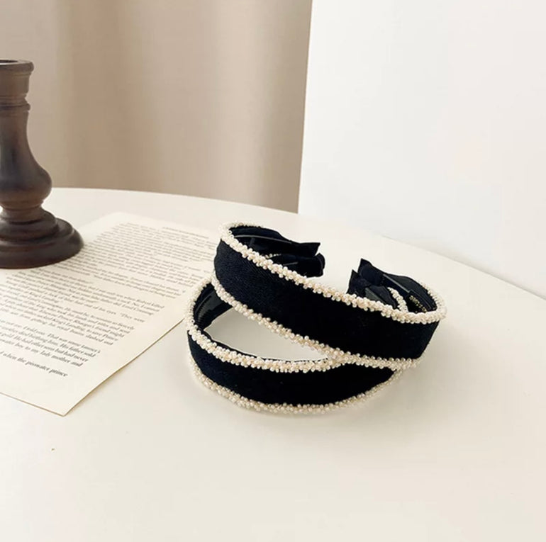 Korean rice bead braided with velvet headband in black colour for women and ladies and girls