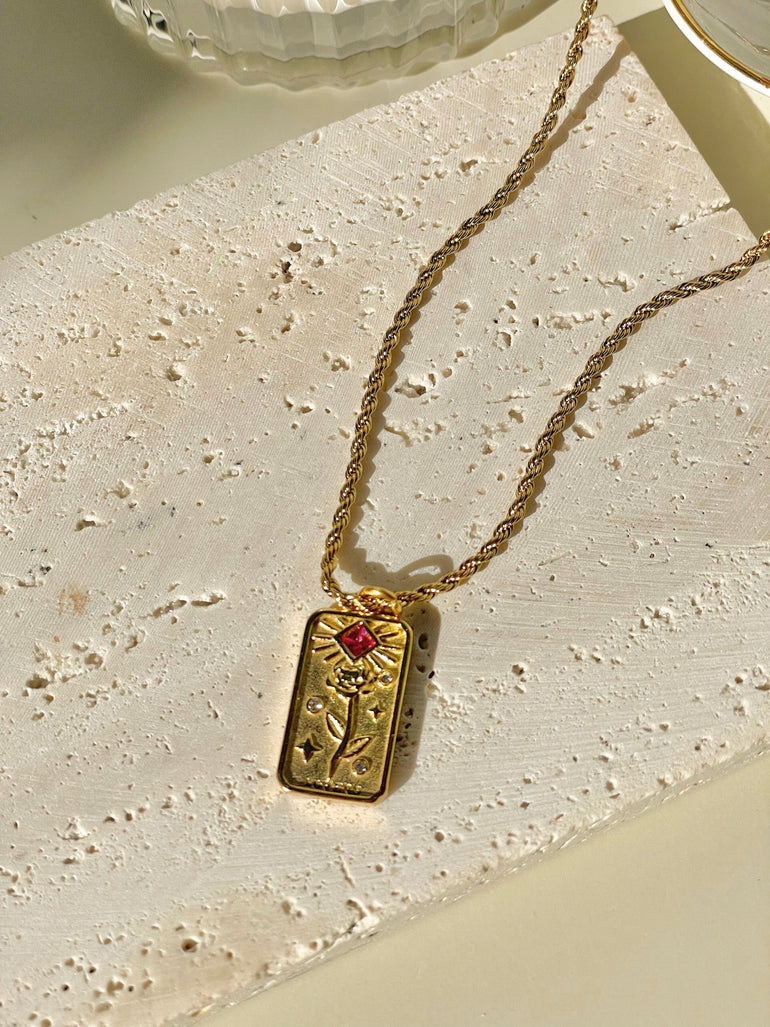 gold lover card necklace australia with ruby gemstone